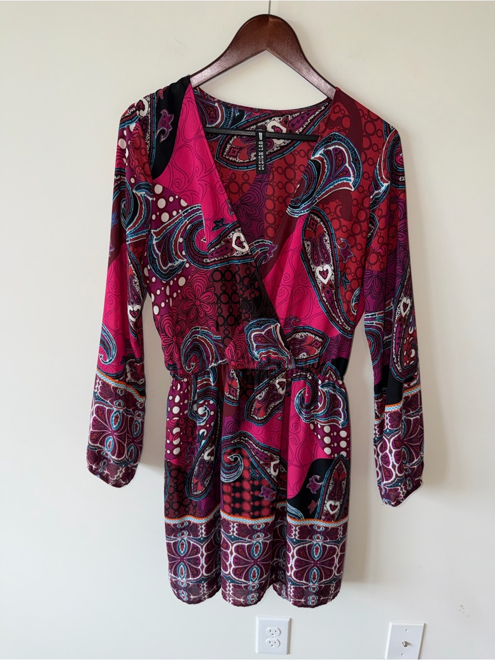 Design Lab Lord & Taylor Long-Sleeve Paisley Wrap Dress in Magenta Elastic Waist